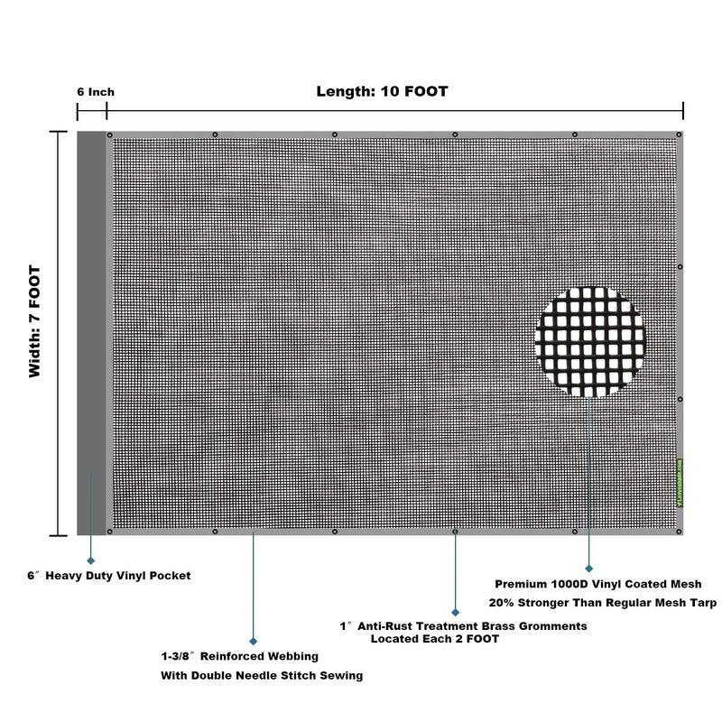 Leaveshade Dump Truck Mesh Tarp 7'X10'-Heavy Duty Dump Trailer Mesh Tarp Cover with 6'' Pocket, No Rust Thicker Copper Eyelets, Reinforced Double Stitch Webbing Ripping Tearing Stop (Black) - Image 5